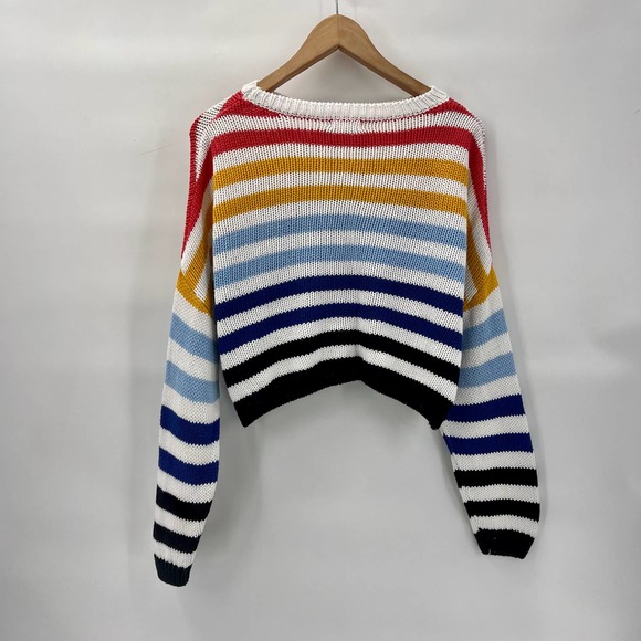 Francesca's Harper Womens Multicolor Striped Cropped Sweater Small Boxy Oversize - Picture 4 of 9